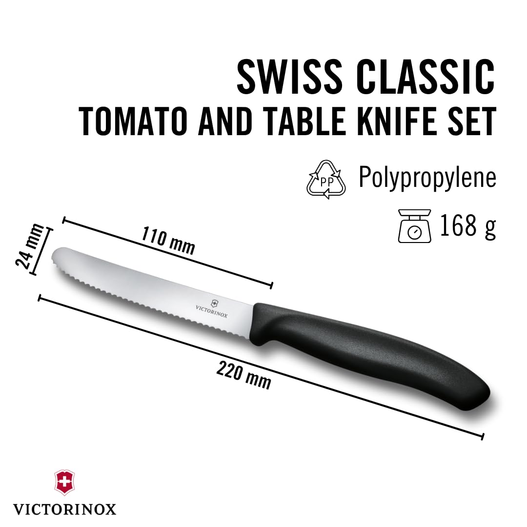 Victorinox 6.7833.6 Swiss Classic Tomato and Table Knife Set for Everyday Family Dining Serrated Blade in Black, Set of 6