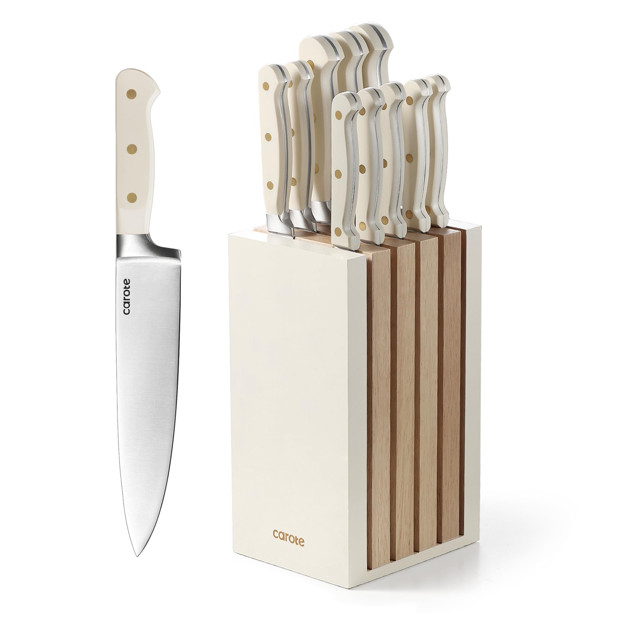 CAROTE 15Piece Knife Set, Kitchen Knife Block Set, Elegant White Ceramic-Coated Blades with Stylish Wooden Block for Modern Culinary Excellence