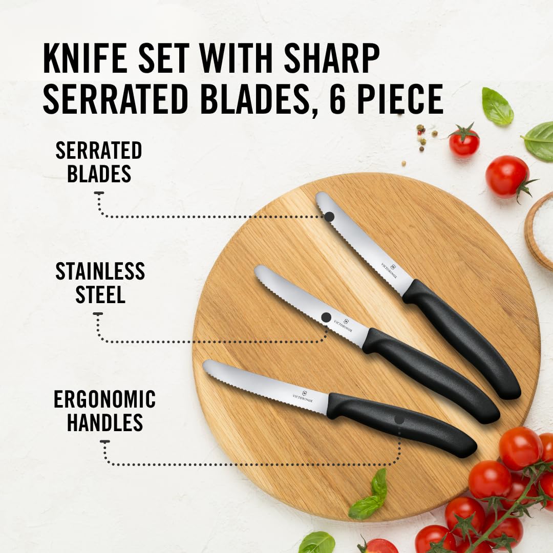 Victorinox 6.7833.6 Swiss Classic Tomato and Table Knife Set for Everyday Family Dining Serrated Blade in Black, Set of 6