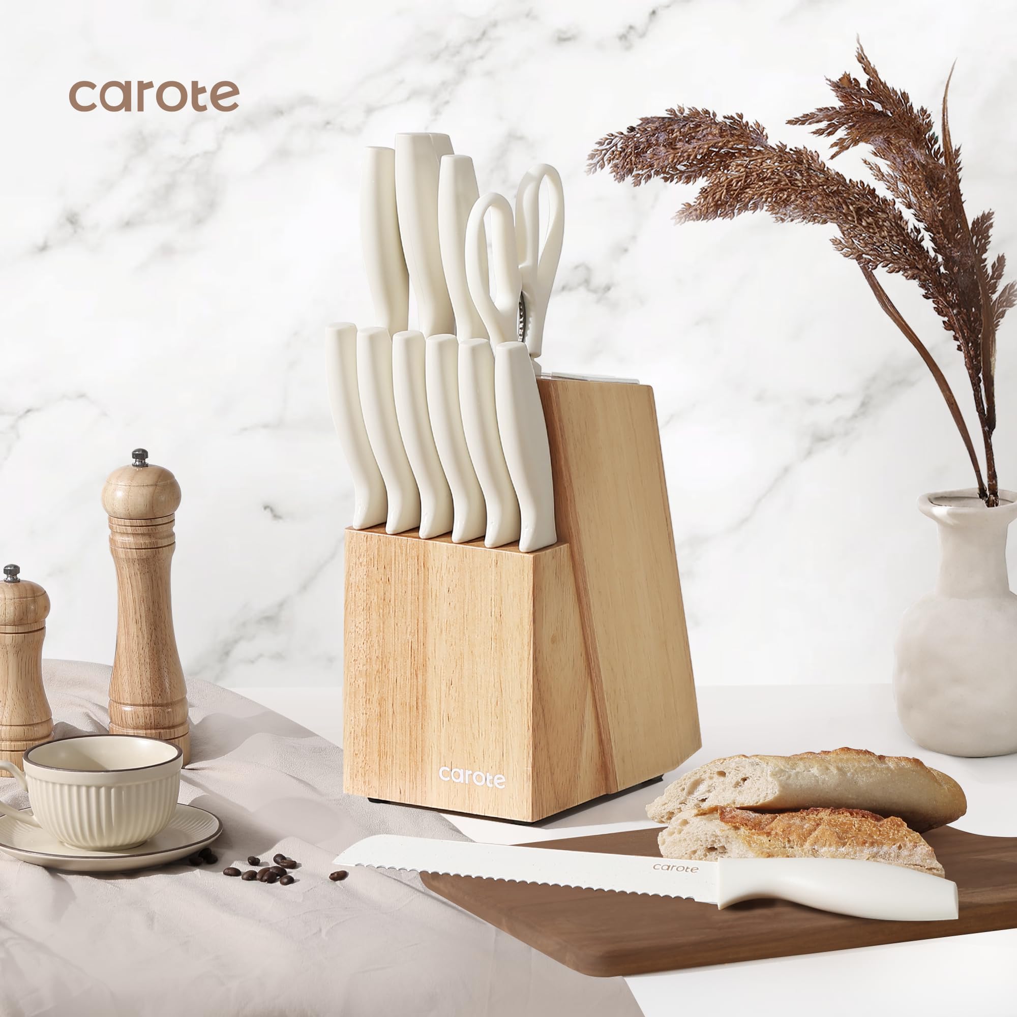 CAROTE 15Piece Knife Set, Kitchen Knife Block Set, Elegant White Ceramic-Coated Blades with Stylish Wooden Block for Modern Culinary Excellence