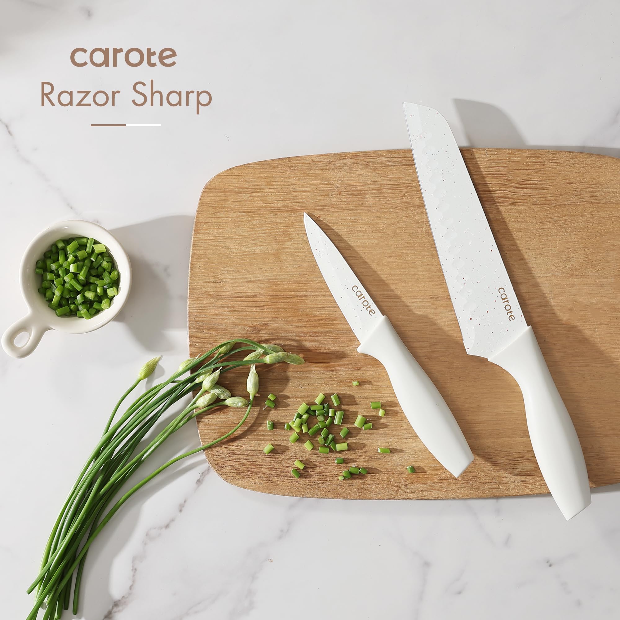 CAROTE 15Piece Knife Set, Kitchen Knife Block Set, Elegant White Ceramic-Coated Blades with Stylish Wooden Block for Modern Culinary Excellence