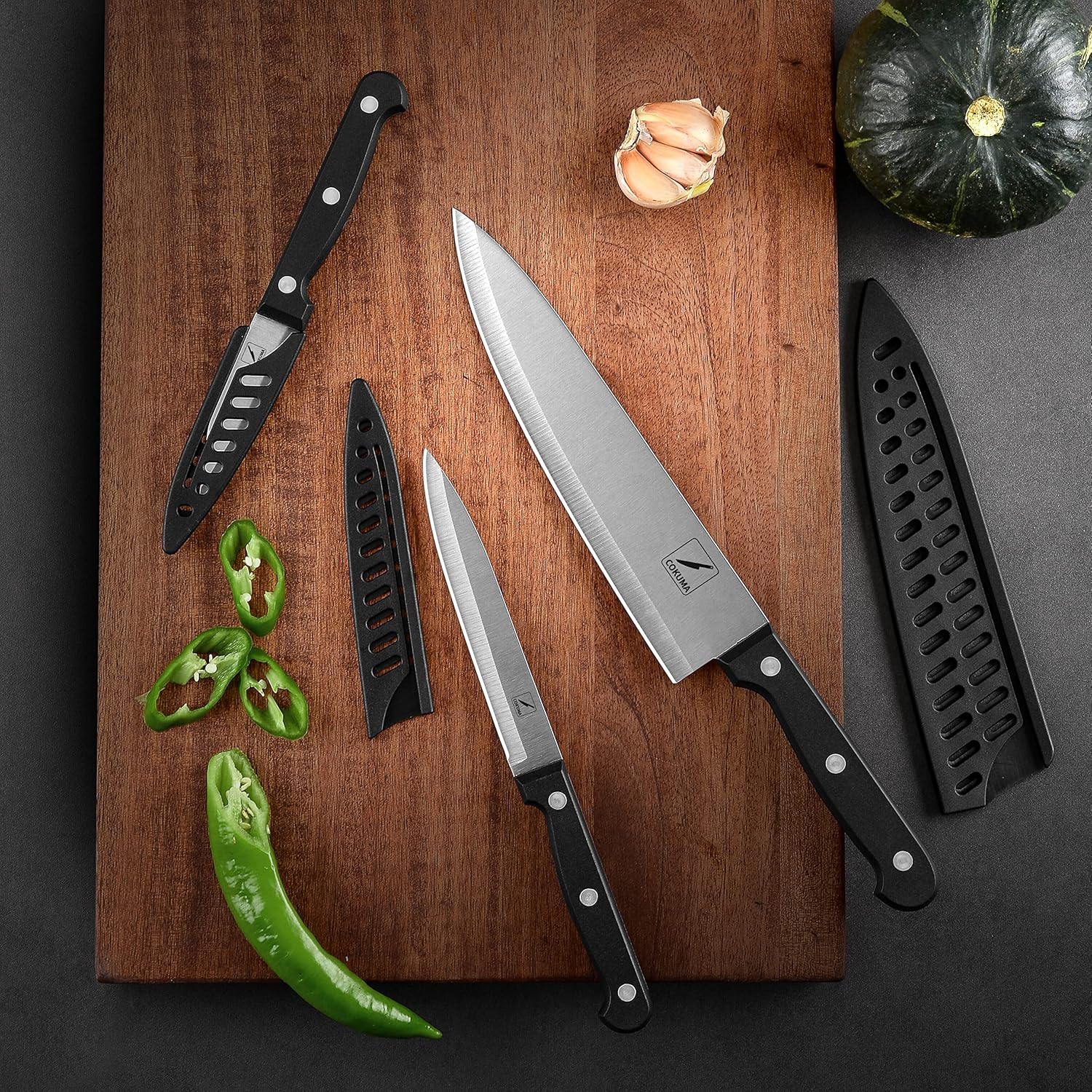 Kitchen Knife, 3-Pcs Knife Set With Sheath, 8 Inch Chef Knife, 4.5 Inch Utility Knife, 4 Inch Paring Chef Knife, Stainless Steel, Black