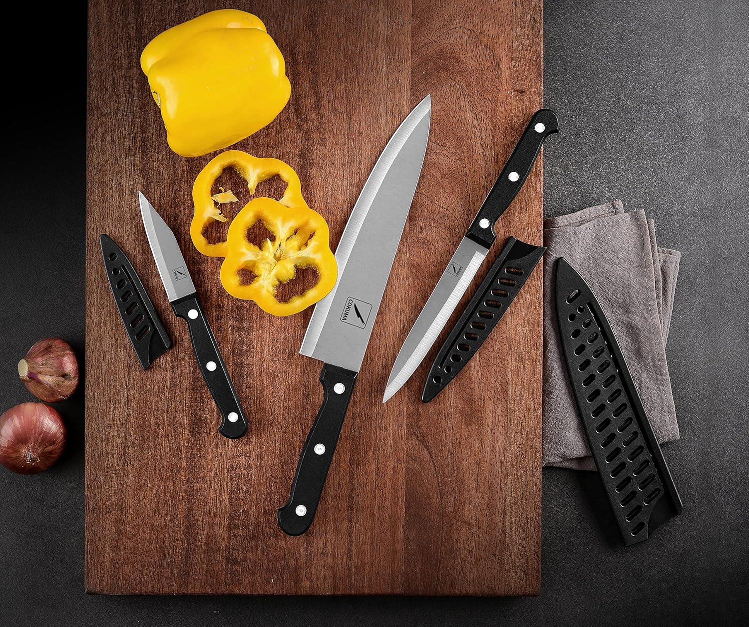 Kitchen Knife, 3-Pcs Knife Set With Sheath, 8 Inch Chef Knife, 4.5 Inch Utility Knife, 4 Inch Paring Chef Knife, Stainless Steel, Black